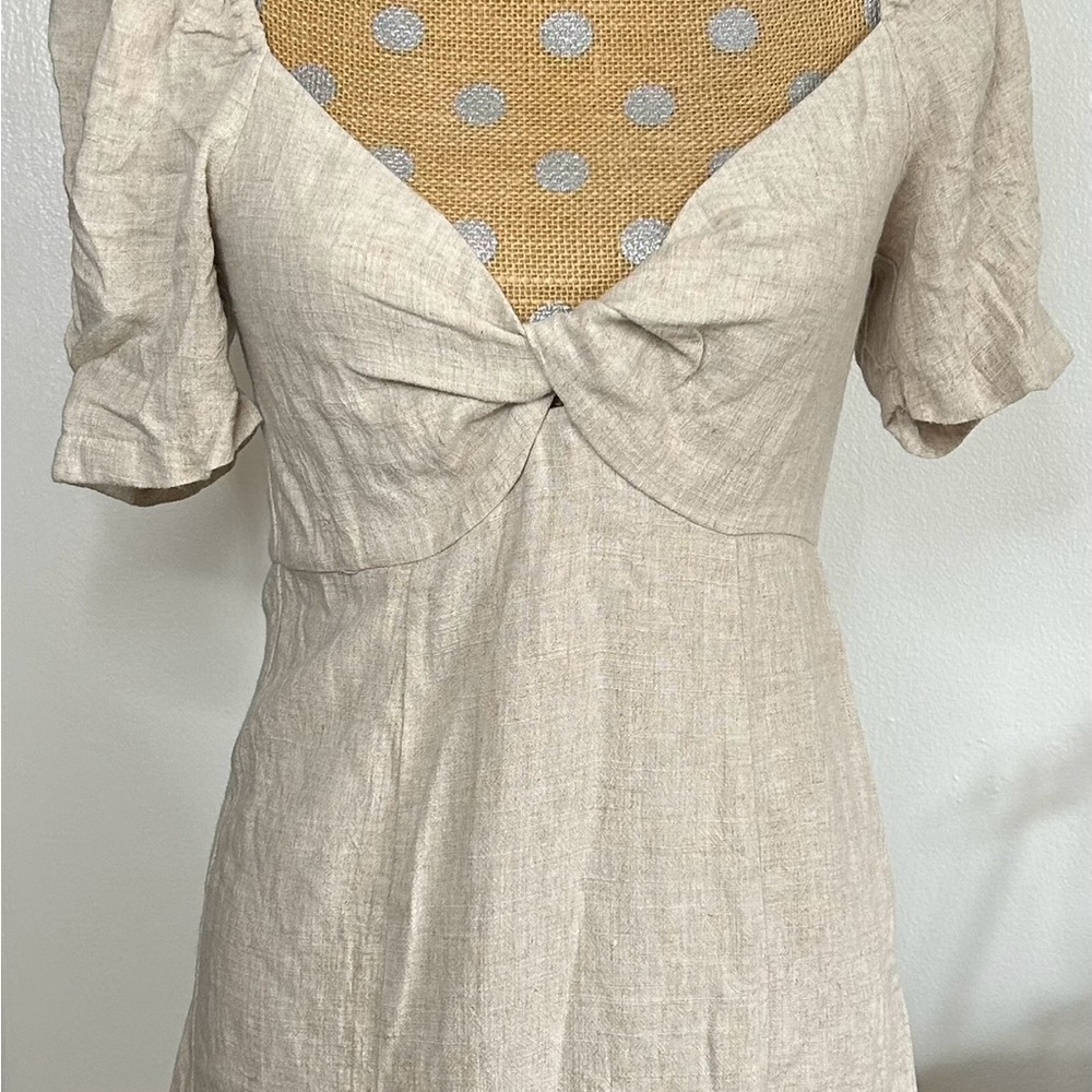 Beige Linen Dress with Puff Sleeves